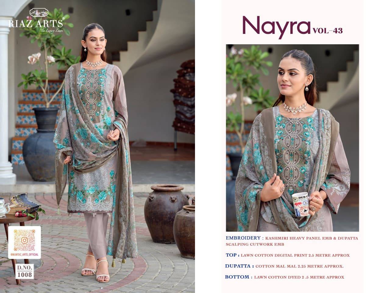 NAYRA VOL 43 BY RIAZ ARTS 1001 To 1008 Series Pakistani Suits Ethnic Wear Pure Cotton Dresses At Wholesale